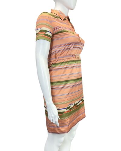 VINTAGE 60s 70s ORANGE GREEN RED STRIPED BELTED MOD SHIRT DRESS 14 16
