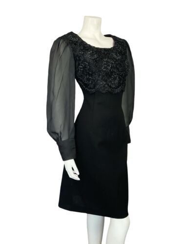 VTG 60S BLACK WOOL MESH BISHOP SLEEVE EMPIRE RIBBON LACE PARTY MINI DRESS 10 12