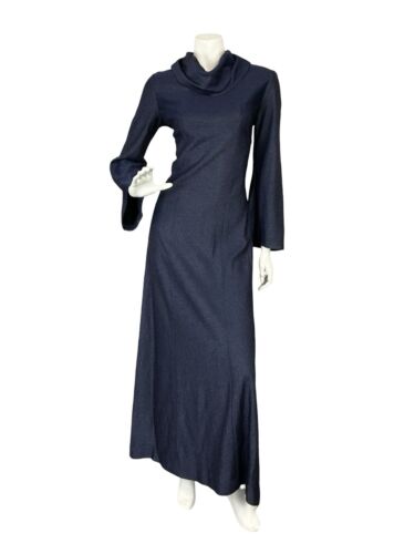 VTG 70S HIPPY DISCO BELL SLEEVE NAVY BLUE LUREX COWL NECK MMAXI PARTY DRESS 10