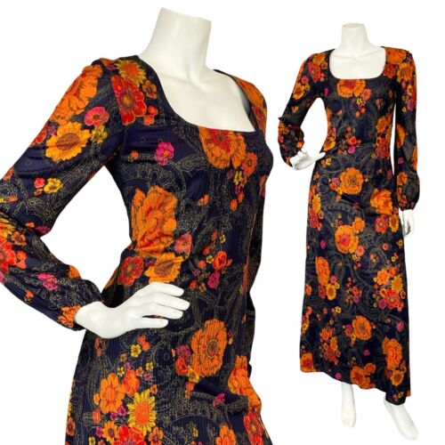 VTG 70S NAVY BLUE ORANGE FLORAL GOLD PAISLEY SQUARE NECK MAXI HIPPY DRESS 8
