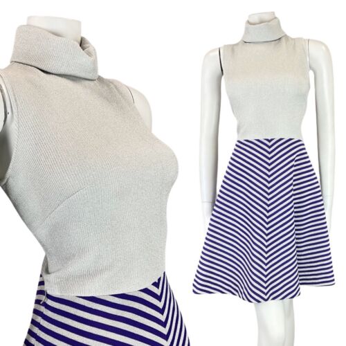 VTG 60s 70s SILVER PURPLE STRIPED LUREX TURTLENECK FIT & FLARE MOD DRESS 8 10