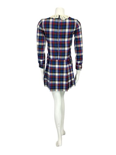 VTG 60S MOD RED BLUE WHITE GREEN TARTAN PLEATED CROTCHED COLLAR SMOCK DRESS 8