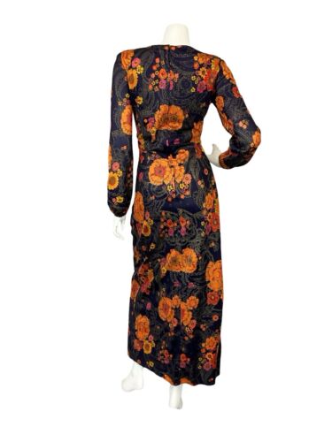 VTG 70S NAVY BLUE ORANGE FLORAL GOLD PAISLEY SQUARE NECK MAXI HIPPY DRESS 8