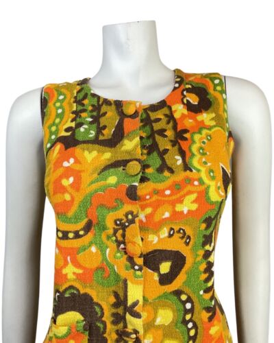 VTG 60s 70s YELLOW ORANGE GREEN PSYCHEDELIC FLORAL TERRY TOWELLING MOD DRESS 8