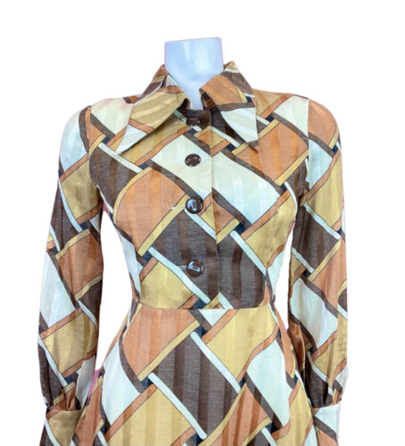 VINTAGE 60s 70s BROWN CREAM GOLD GEOMETRIC WEAVE SHEER DAGGER SHIRT DRESS 8 10
