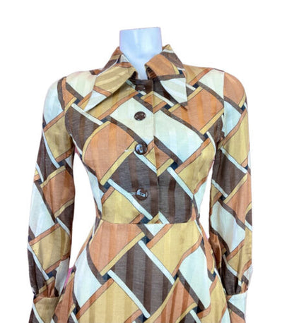 VINTAGE 60s 70s BROWN CREAM GOLD GEOMETRIC WEAVE SHEER DAGGER SHIRT DRESS 8 10