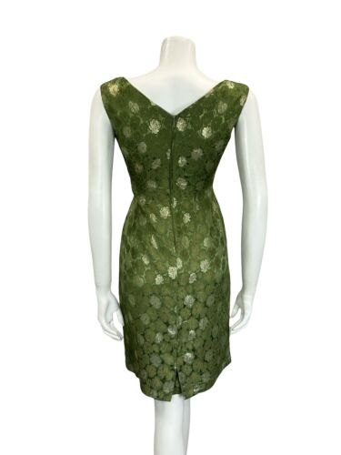 VTG 60S GREEN GOLD BROCADE BOAT NECK SLEEVELESS PARTY WIGGLE MIDI DRESS 8 10