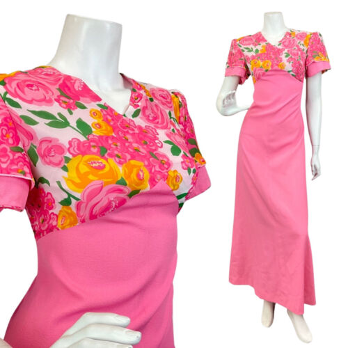 VINTAGE 60s 70s BARBIE PINK YELLOW GREEN FLORAL ROSE MOD MOD MAXI DRESS 10