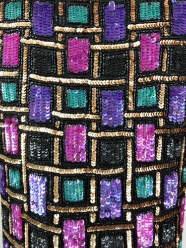 VTG 70s 80S BLACK PURPLE PINK GOLD TEAL GEOMETRIC SEQUIN TROPHY JACKET 8 10