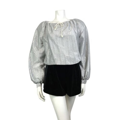 VINTAGE 60s 70s METALLIC SILVER STRIPED DISCO PARTY PEASANT BLOUSE 12 14