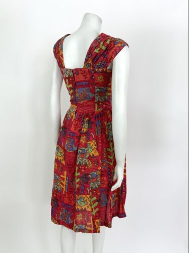 VTG 70s 80s RED BLUE YELLOW ETHNIC GEOMETRIC STAR FISH SLEEVELESS SUMMER DRESS 8