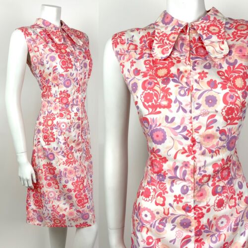 VTG 60s 70s WHITE PINK PURPLE PSYCHEDELIC FLORAL SPOON COLLAR SHIRT DRESS 12 14