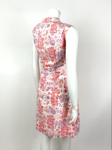 VTG 60s 70s WHITE PINK PURPLE PSYCHEDELIC FLORAL SPOON COLLAR SHIRT DRESS 12 14