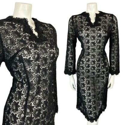 VTG 60S HIPPY BOHO BLACK LACE FLARE SLEEVE EVENING PARTY TUNIC MIDI DRESS 10