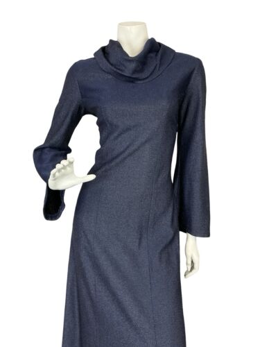 VTG 70S HIPPY DISCO BELL SLEEVE NAVY BLUE LUREX COWL NECK MMAXI PARTY DRESS 10