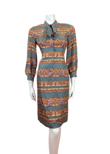 VINTAGE 60s 70s BLUE ORANGE PURPLE PSYCHEDELIC ACANTHUS PUSSYBOW SHIRT DRESS 12