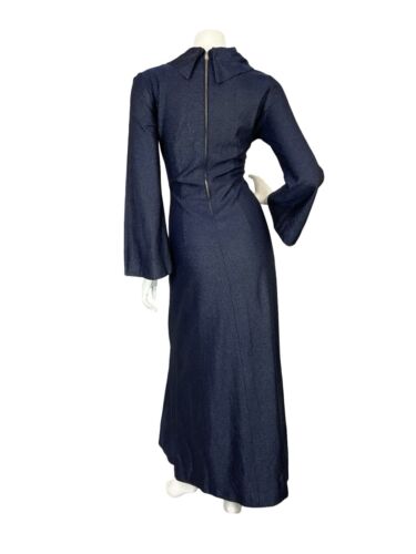 VTG 70S HIPPY DISCO BELL SLEEVE NAVY BLUE LUREX COWL NECK MMAXI PARTY DRESS 10