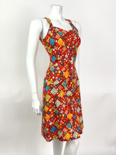 VINTAGE 60s 70s RED BLUE YELLOW PATCHWORK FLORAL GEOMETRIC STRAPPY SUNDRESS 8