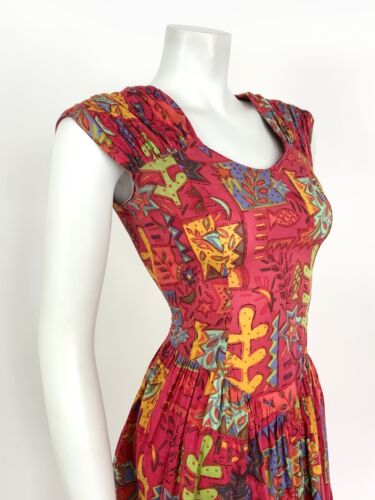 VTG 70s 80s RED BLUE YELLOW ETHNIC GEOMETRIC STAR FISH SLEEVELESS SUMMER DRESS 8