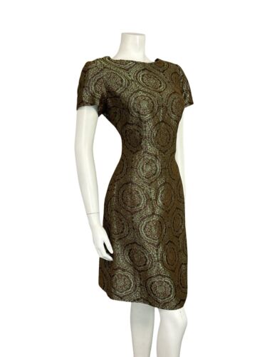 VTG 60S GREEN COPPER BROWN IRIDESCENT BROCADE PLUNGING BACK PARTY MINI DRESS 10