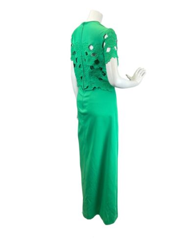 VINTAGE 60s 70s APPLE GREEN FLORAL EMBROIDERED CUT-OUT MOD MAXI DRESS 14