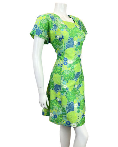 VINTAGE 60s 70s APPLE LIME GREEN BLUE PSYCHEDELIC SWIRL DAISY MOD DRESS 12