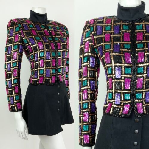 VTG 70s 80S BLACK PURPLE PINK GOLD TEAL GEOMETRIC SEQUIN TROPHY JACKET 8 10