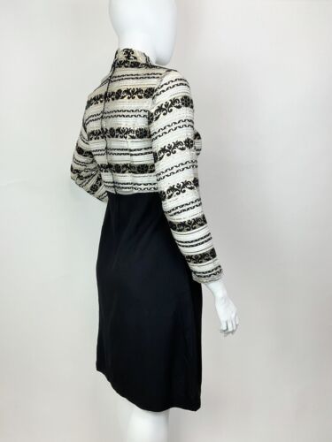 VTG 60s 70s BLACK SILVER GOLD STRIPED FLORAL SHEER PARTY GLAM FITTED DRESS 16