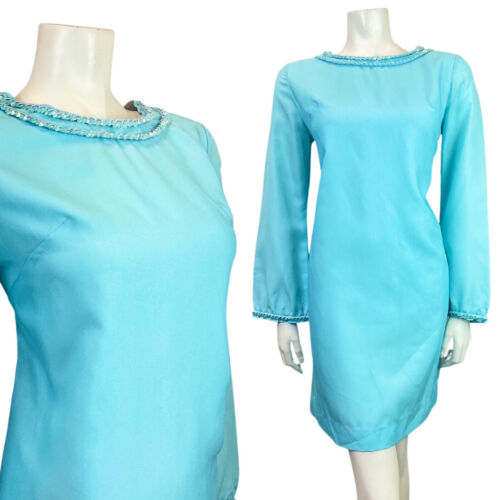 VINTAGE 60s 70s BABY BLUE SEQUIN MOD STUDIO 54 SHIFT DRESS 14