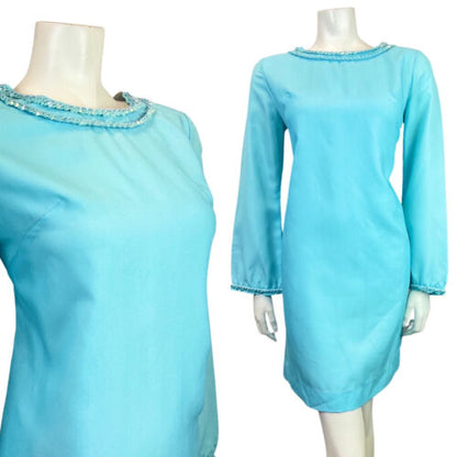 VINTAGE 60s 70s BABY BLUE SEQUIN MOD STUDIO 54 SHIFT DRESS 14