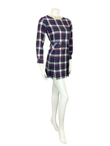 VTG 60S MOD RED BLUE WHITE GREEN TARTAN PLEATED CROTCHED COLLAR SMOCK DRESS 8