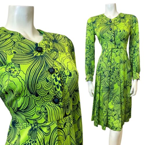 VINTAGE 60s 90s LIME GREEN BLUE PSYCHEDELIC LEAFY FLORAL LONG SLEEVE DRESS 8 10