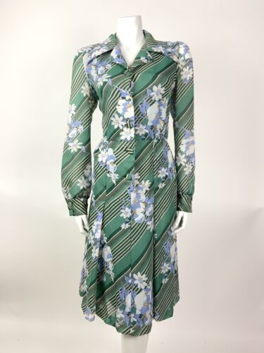 VINTAGE 60s 70s GREEN CREAM BLUE STRIPED FLORAL DAGGER COLLAR SHIRT DRESS 12