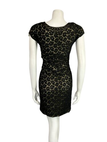 VTG 60S BLACK LACE GOLD V BOAT NECK SHORT SLEEVE PARTY SHIFT LBD  MINI DRESS 8