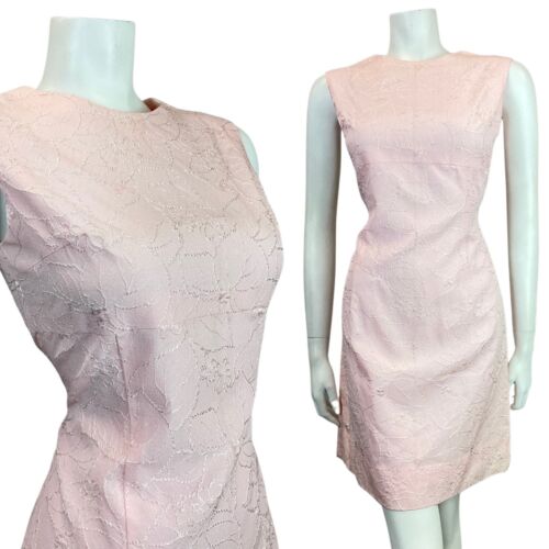 VINTAGE 60s 70s BABY PINK FLORAL LEAFY EMBROIDERED SLEEVELESS MOD DRESS 8