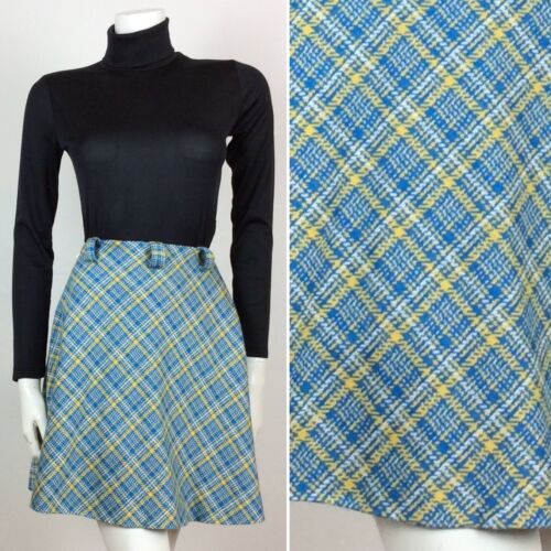 VTG 70s BLUE YELLOW WHITE CHECKED FULL SWING SKIRT SZ 8