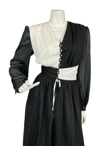 VTG 70S BLACK WHITE STRIPED DIAMANTE BRAIDED RUCHED EVENING MAXI DRESS 10 12