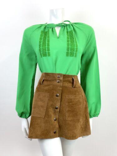 VINTAGE 60s 70s APPLE GREEN EMBROIDERED BOHO FOLK PEASANT BLOUSE TOP 12 14