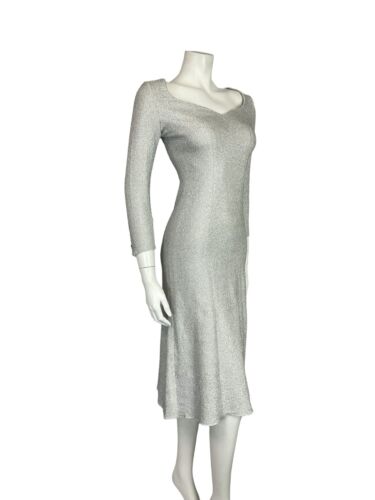 VTG 60S 70S SWEETHEART 3/4 SLEEVE DISCO GLITTERY WHITE LUREX PARTY MIDI DRESS 4