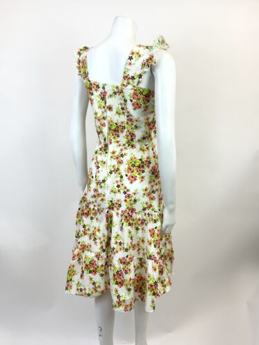 VTG 60s 70s WHITE ORANGE GREEN BROWN FLORAL RUFFLED BOHO FOLK SUMMER DRESS 8 10