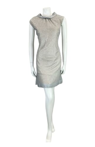 VTG 60S MOD PARTY SILVER LUREX FUNNEL NECK SLEEVELESS SHIFT DRESS 12 14