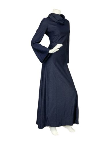 VTG 70S HIPPY DISCO BELL SLEEVE NAVY BLUE LUREX COWL NECK MMAXI PARTY DRESS 10