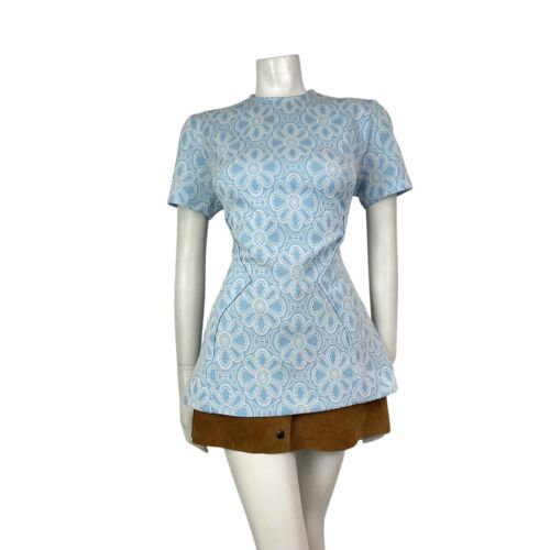 VINTAGE 60s 70s BABY BLUE WHITE DAISY FLORAL MOD KNIT SHORT-SLEEVE TOP 12 14