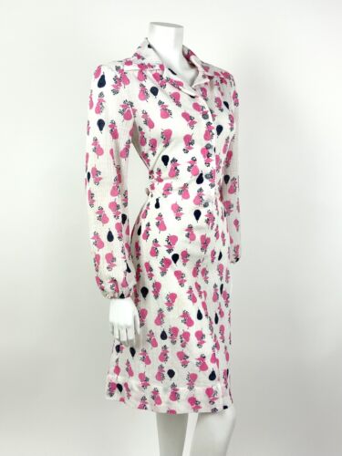 VTG 60s 70s WHITE PINK BLUE FRUITY PEAR DAGGER COLLAR SHIRT DRESS 14