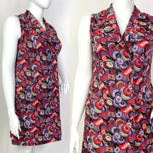 VTG 60s 70s RED PURPLE SILVER BLACK PSYCHEDELIC FLORAL DAGGER WRAP DRESS 16 18