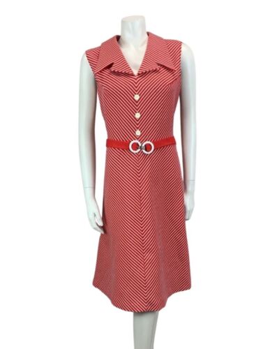 VINTAGE 60s 70s RED WHITE STRIPED DAGGER COLLAR SLEEVELESS MIDI SHIRT DRESS 14