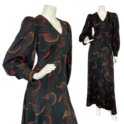 VTG 70S BLACK RED BROWN GEOMTRIC ROMNTIC BISHOP SLEEVE BASQUE WAIST MAXI DRESS 8