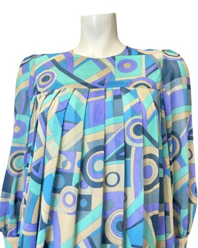 VINTAGE 60s 70s BLUE PURPLE CREAM GEOMETRIC PLEATED MOD TENT DRESS 8 10