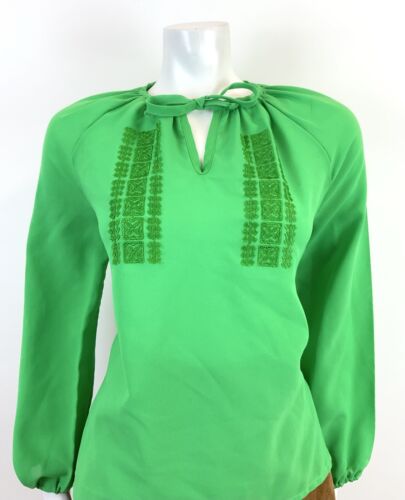 VINTAGE 60s 70s APPLE GREEN EMBROIDERED BOHO FOLK PEASANT BLOUSE TOP 12 14