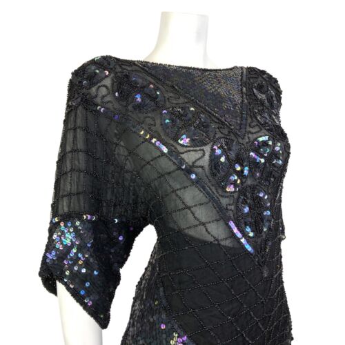 VTG 70s BLACK SEQUIN BEADED GEOMETRIC CHECKED DISCO GLAM SHEER SILK TOP 20 22